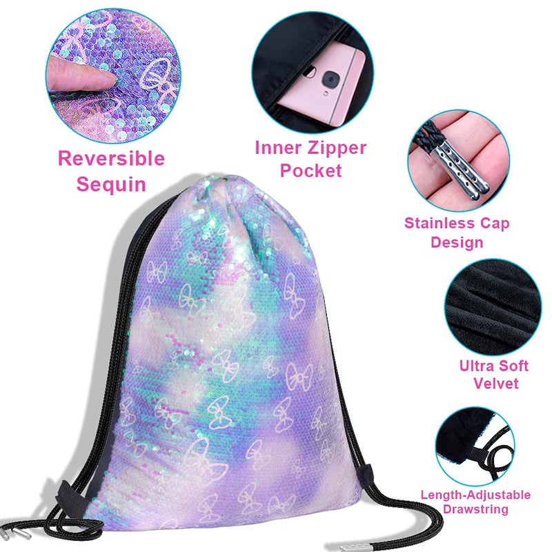GA&EN Mermaid Reversible Sequin Drawstring Backpack/Bag Clear Iridescent Sequin+ Butterfly Shape Spotted Purple Fabric for Kids Girls One_Size - Image 4